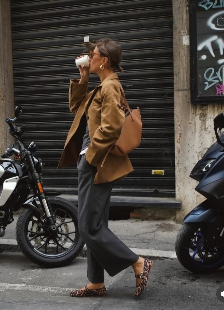 Camel Cropped Jacket + Charcoal Wide-Leg Trousers + Leopard Flats