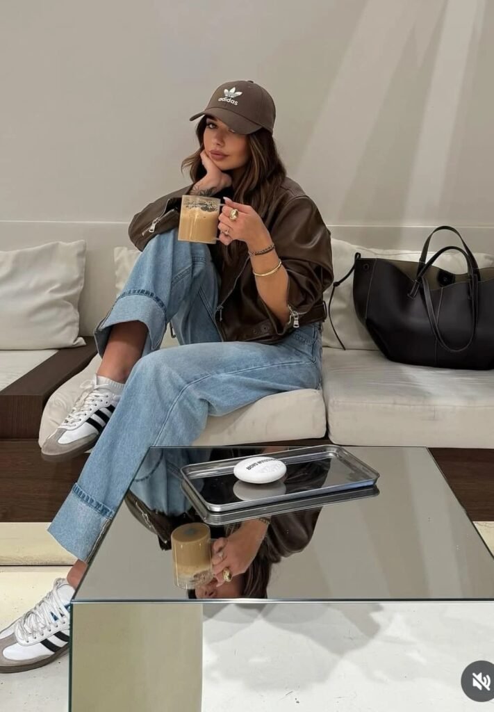 Brown Leather Jacket + Brown Baseball Cap + Light-Wash Jeans + Retro Sneakers