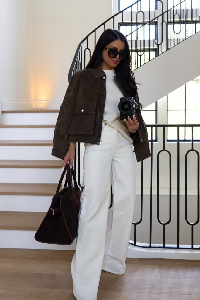 Dark Brown Suede Jacket + Cream Knit Top + White Wide-Leg Trousers