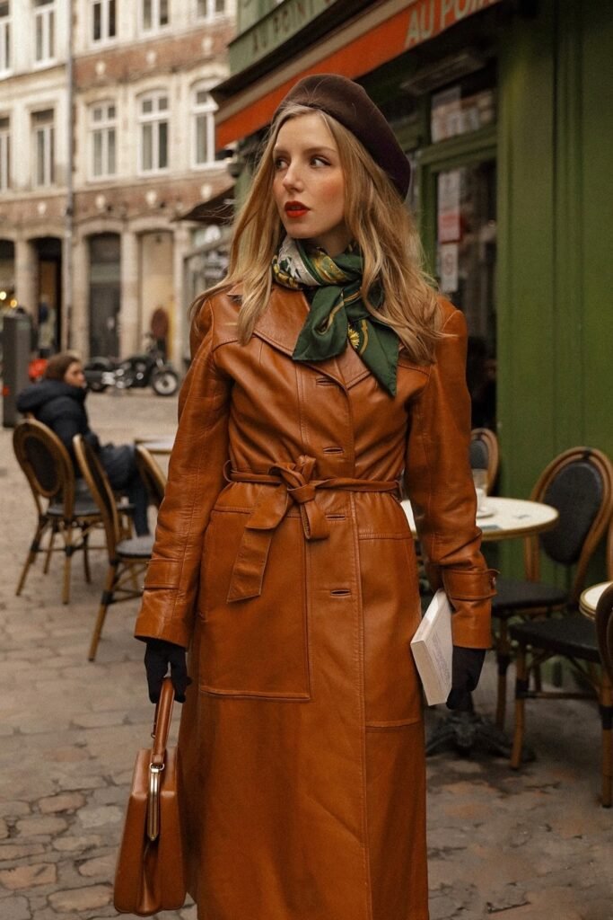 Cognac Leather Belted Trench Coat + Green Printed Silk Scarf + Brown Beret
