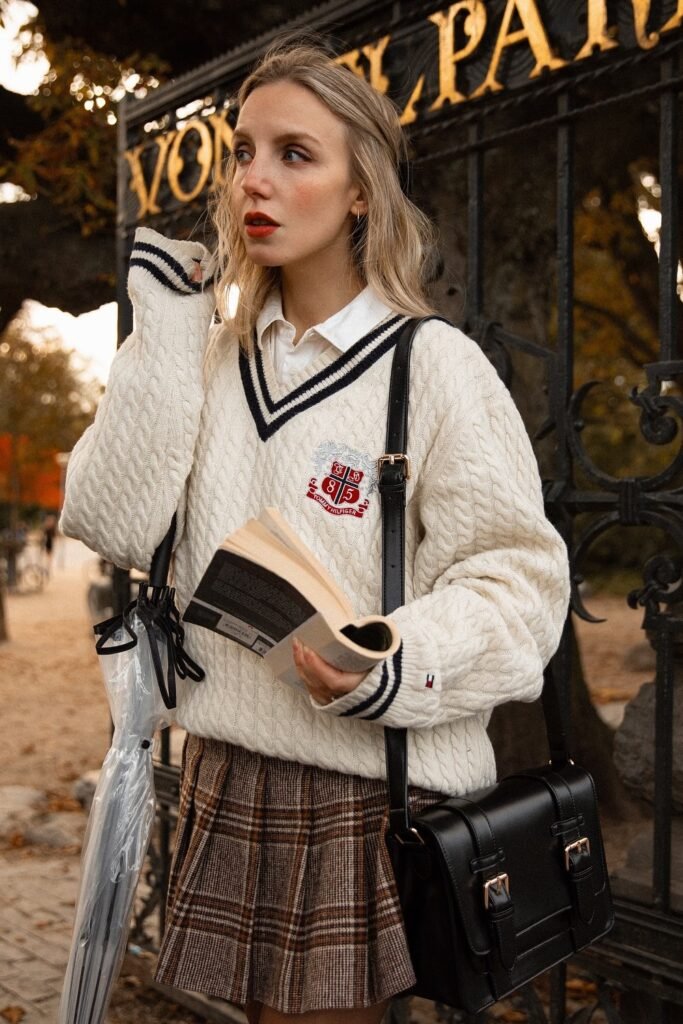 Cream Cable-Knit V-Neck Sweater + White Shirt + Brown Plaid Pleated Mini Skirt