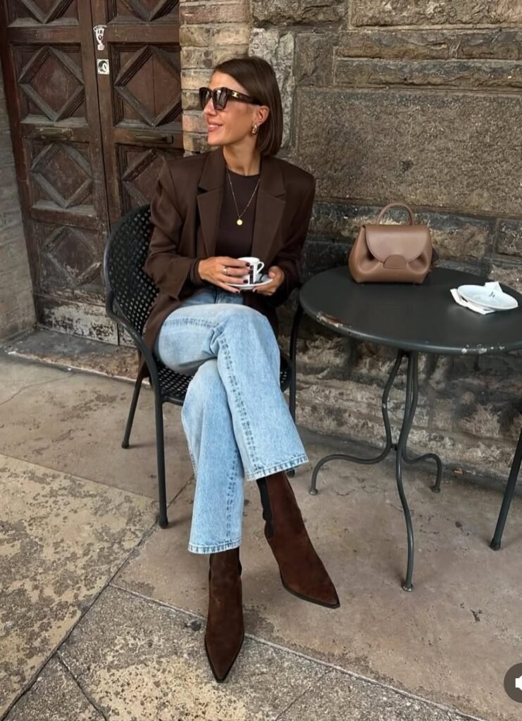 Chocolate Brown Blazer + Black Fitted Top + Light Wash Straight Jeans