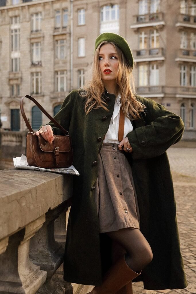 Olive Green Coat + White Blouse + Buttoned Skirt + Green Beret