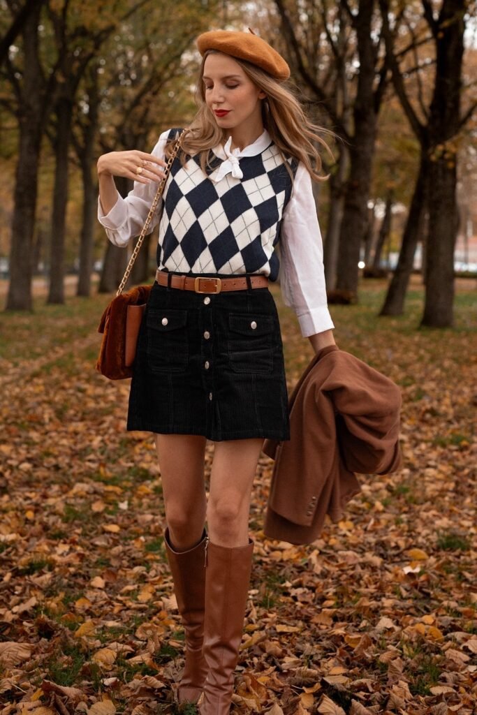 Argyle Sweater Vest + White Blouse + Black Skirt + Brown Beret
