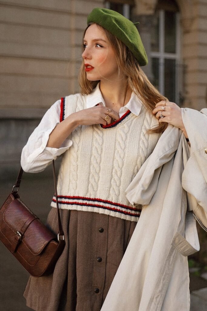 Cream Cable-Knit Sweater + Plaid Pleated Skirt + Green Beret