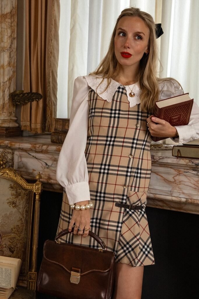 Plaid Dress + White Blouse with Statement Collar + Structured Handbag