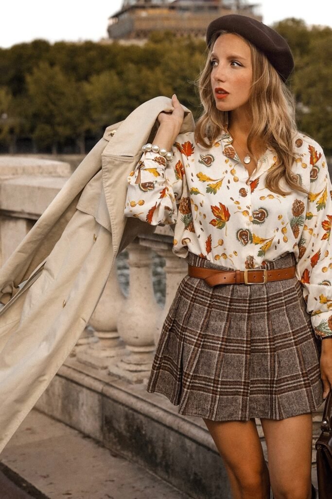 Printed Blouse + Plaid Pleated Skirt + Brown Beret
