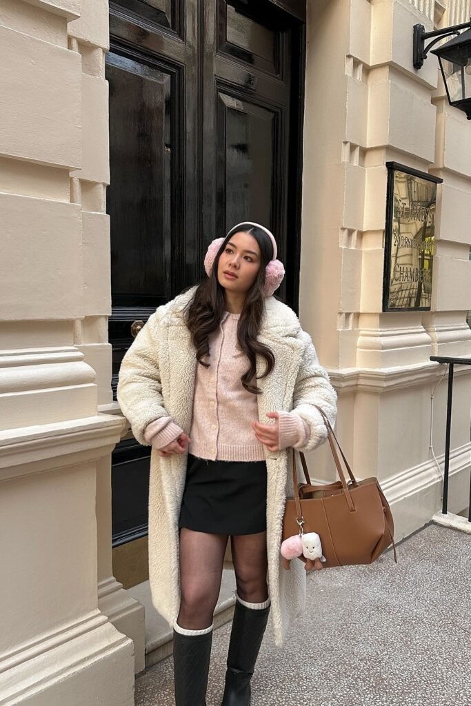Ivory Teddy Coat + Blush Cardigan + Black Mini Skirt + Sheer Tights + Knee-High Black Boots + Brown Tote + Pink Earmuffs