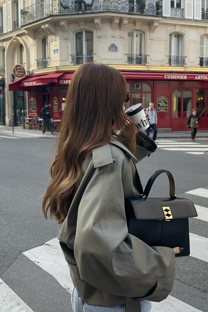 Khaki Cropped Trench + Light Blue Jeans + Black Structured Bag