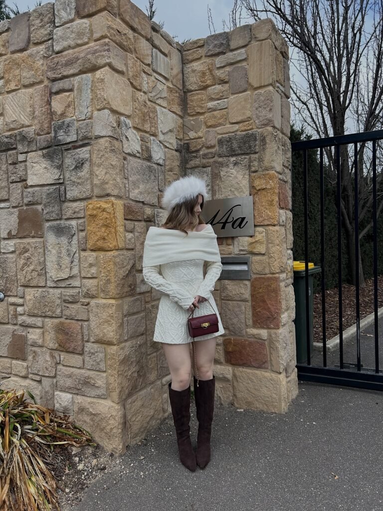 Knit Dress + Belt + Tall Boots