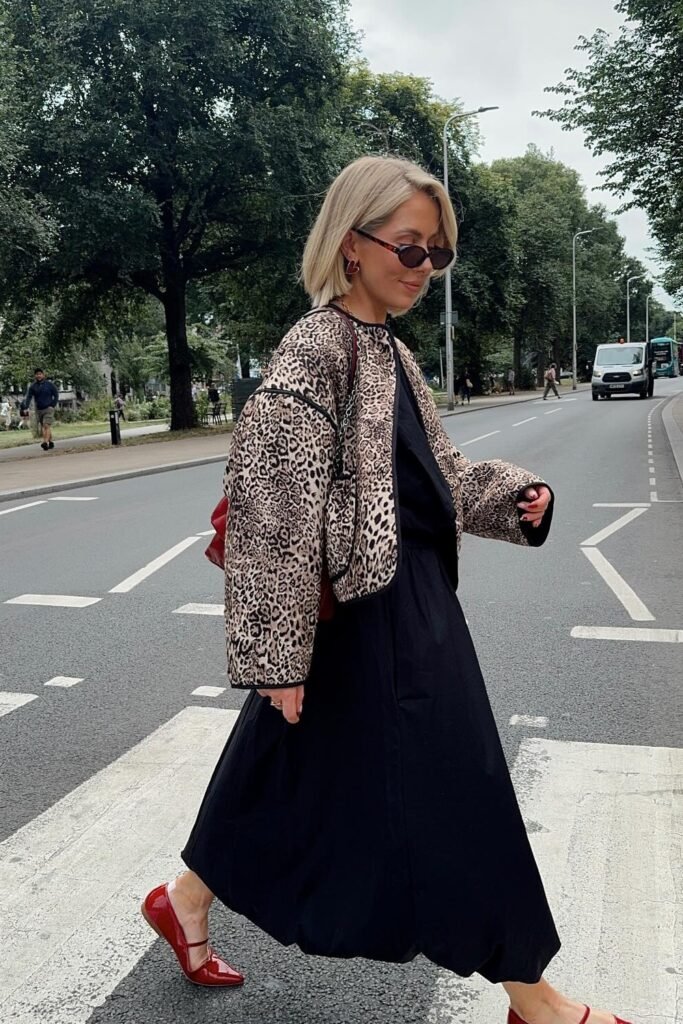 Leopard Print Bomber Jacket + Black Maxi Dress + Red Flats + Red Bag