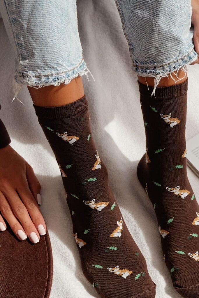 Light Blue Jeans with Raw Hem + Brown Fox-Print Socks