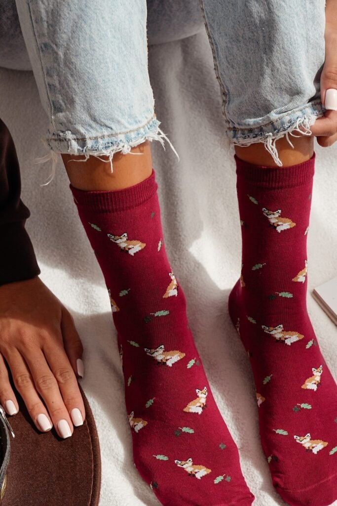 Light Blue Jeans with Raw Hem + Burgundy Fox-Print Socks