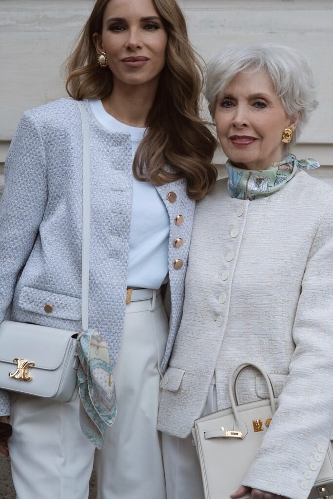 Light Blue Tweed Jacket + White Top + White Trousers + White Crossbody Bag (paired with Cream Tweed Jacket + White Trousers + Printed Silk Scarf + White Structured Bag)
