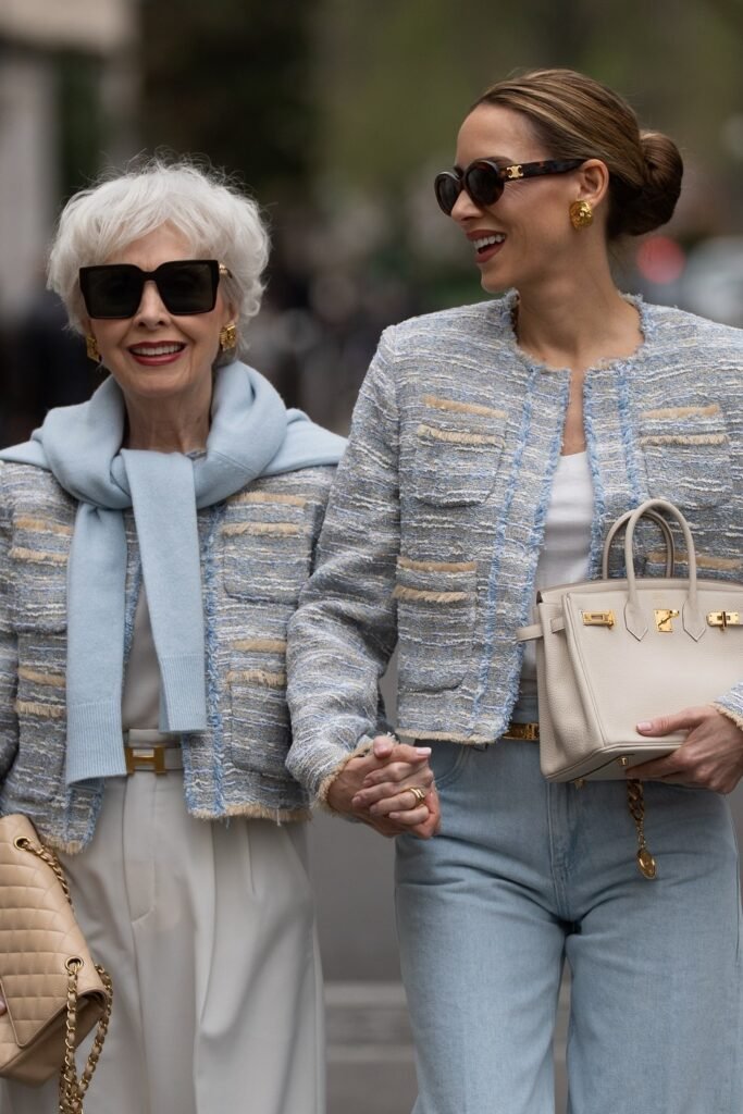 Light Blue Tweed Jacket + White Trousers + Beige Quilted Bag (paired with Light Blue Tweed Jacket + White Top + Light Wash Jeans + White Structured Bag)