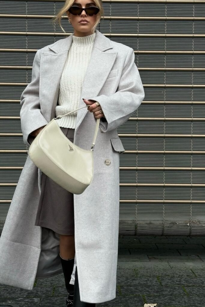 Light Grey Long Coat + Cream Knit Sweater + Brown Midi Skirt + Black Knee-High Boots + Beige Shoulder Bag + Sunglasses
