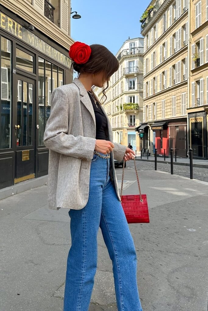 Light Grey Oversized Blazer + Black Top + Blue Jeans + Red Structured Bag