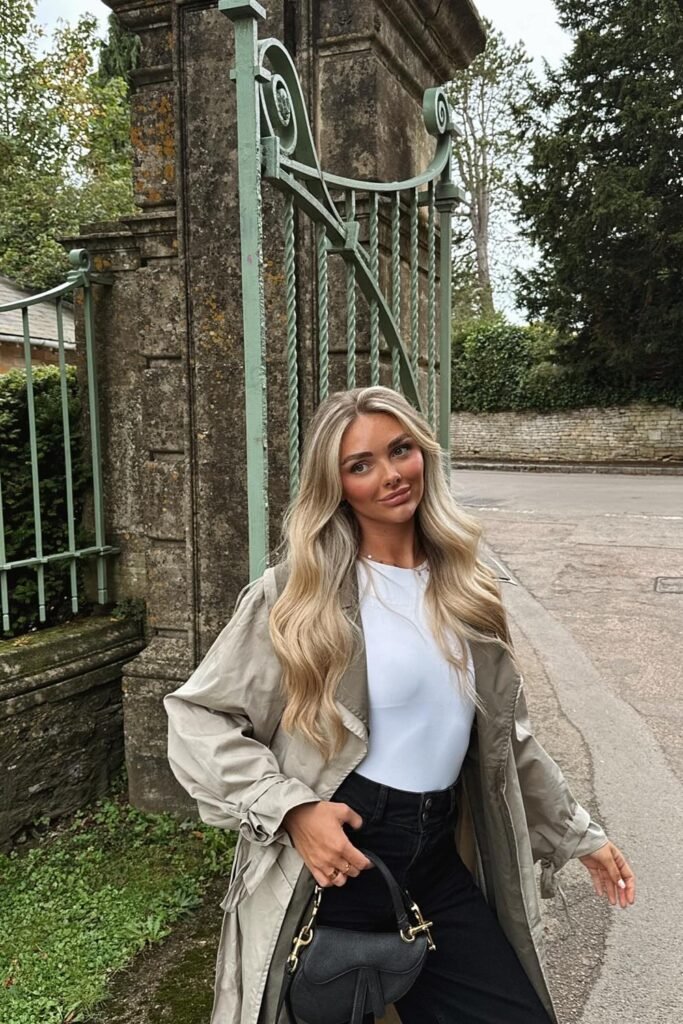 Light Grey Trench Coat + White T-Shirt + Black High-Waisted Jeans + Black Saddle Bag