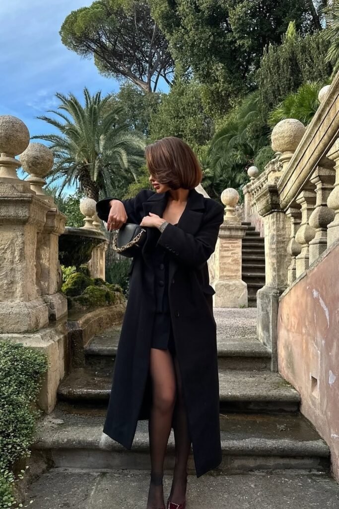 Long Black Coat + Black Mini Dress + Sheer Black Tights