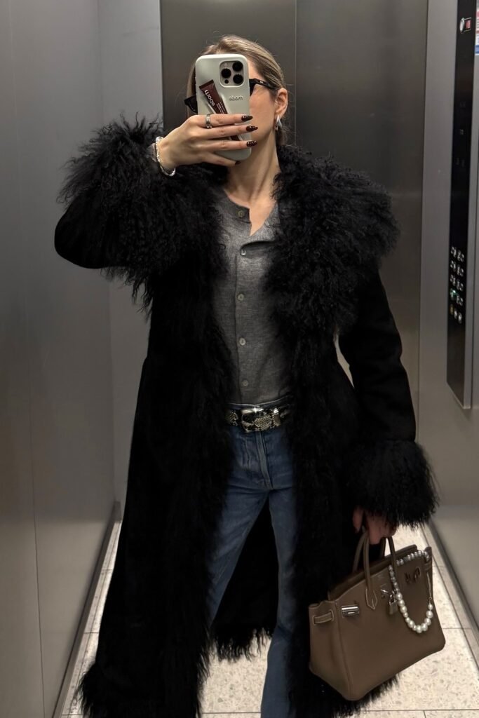 Long Black Shearling-Trim Coat + Grey Knit Cardigan + Blue Straight Jeans + Taupe Structured Tote