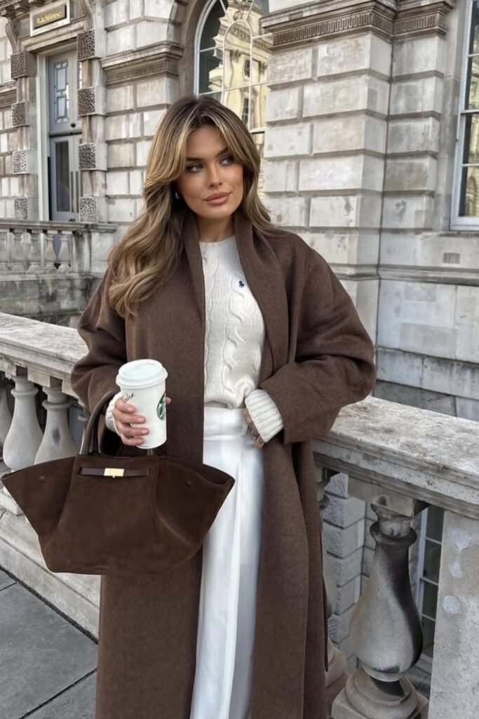 Long Brown Wool Coat + White Cable Knit Sweater + White Wide-Leg Trousers + Dark Brown Suede Bag