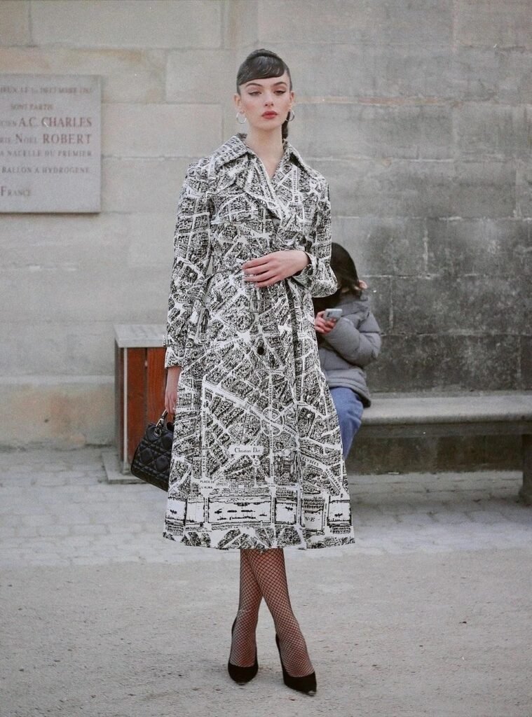 Map-Print Midi Shirt Dress + Fishnet Tights + Black Pointed Pumps