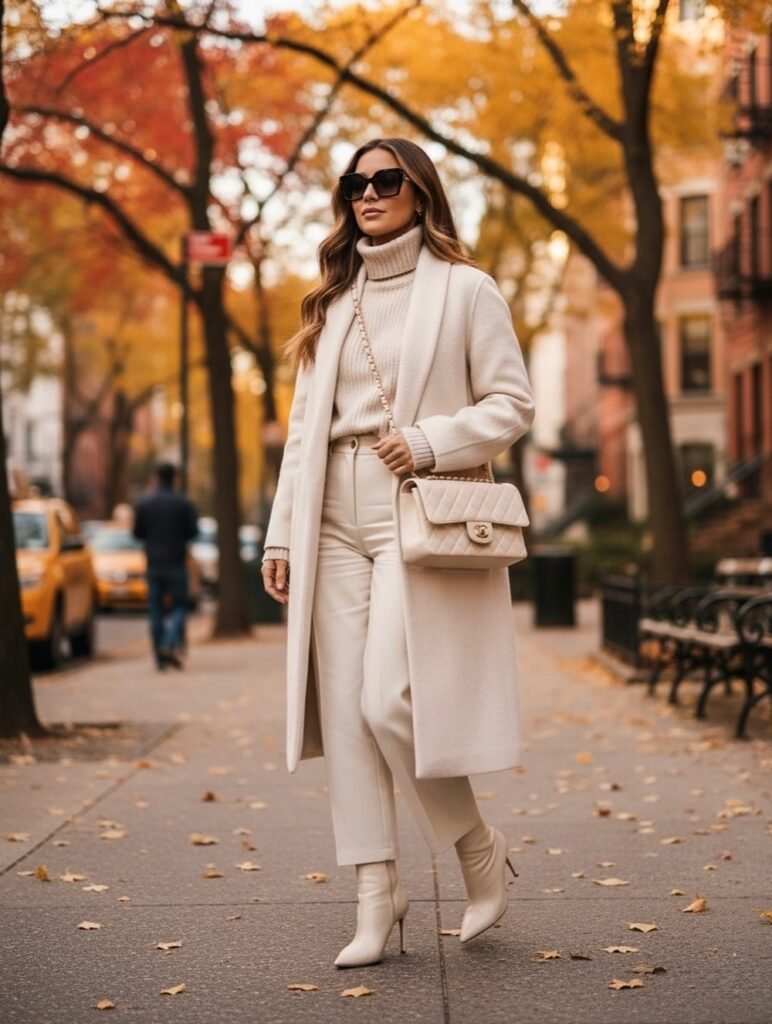 Monochrome Cream Outfit – Long Cream Coat + Cream Turtleneck Sweater + Cream Tailored Pants + Cream Heeled Boots + Cream Quilted Chanel Bag + Sunglasses