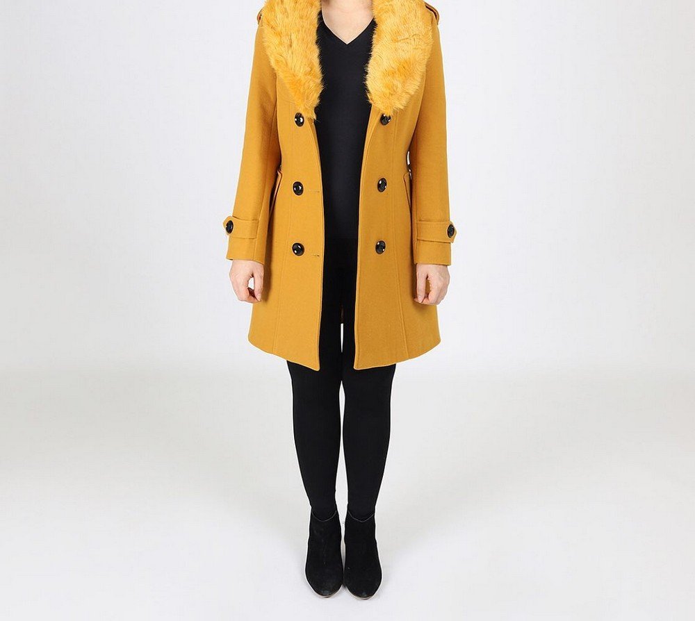 Mustard Fur-Collar Coat + Black Leggings + Black Suede Ankle Boots