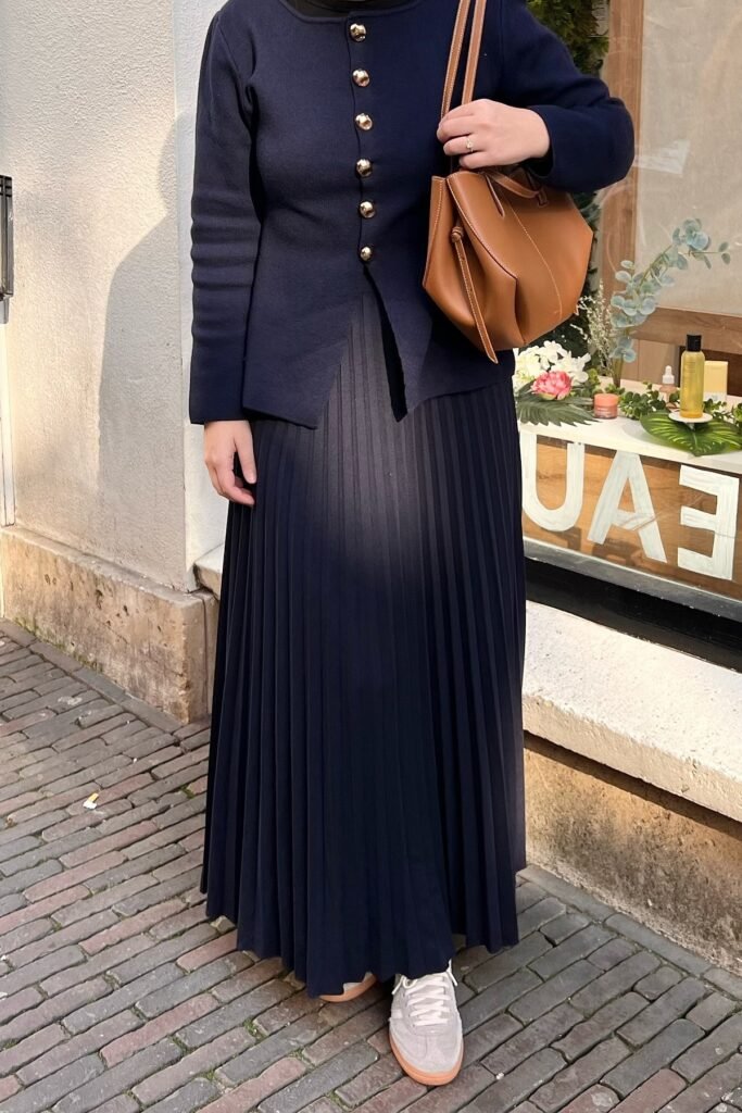 Navy Blue Button-Up Jacket + Navy Pleated Maxi Skirt + Grey Sneakers
