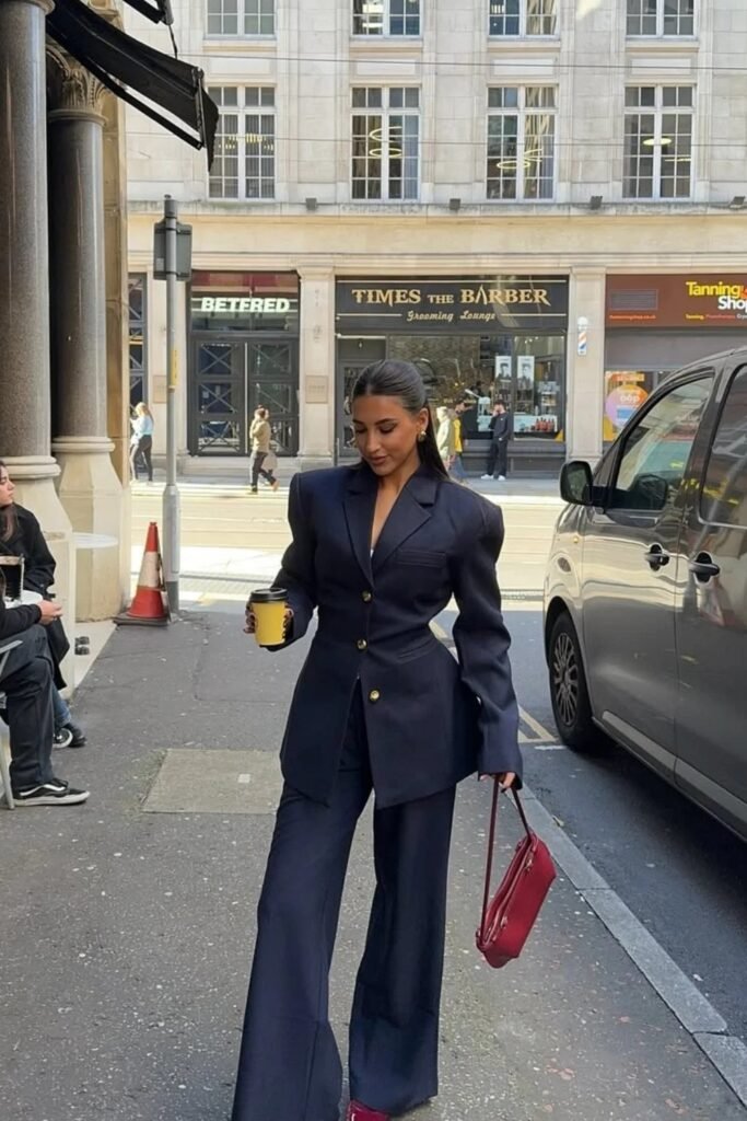 Navy Blue Structured Blazer + Navy Wide-Leg Pants + Red Handbag + Burgundy Heels