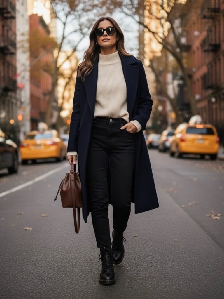 Navy Coat + Cream Sweater + Black Skinny Jeans + Black Combat Boots + Brown Structured Bag