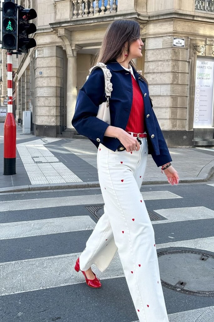 Navy Cropped Jacket + Red Top + White Pants with Red Hearts + Red Heels
