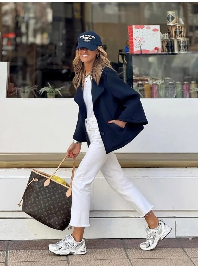 Navy Jacket + White Tee + White Cropped Jeans + White Sneakers + Louis Vuitton Tote