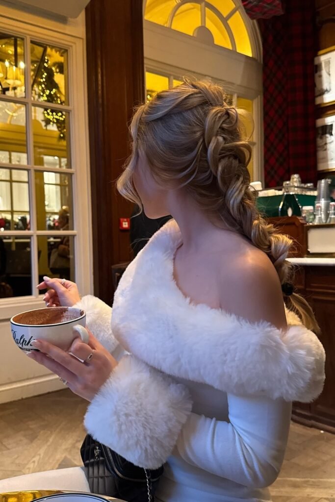 Off-Shoulder White Fuzzy Knit Top + White Fuzzy Cuffs + Black Quilted Bag