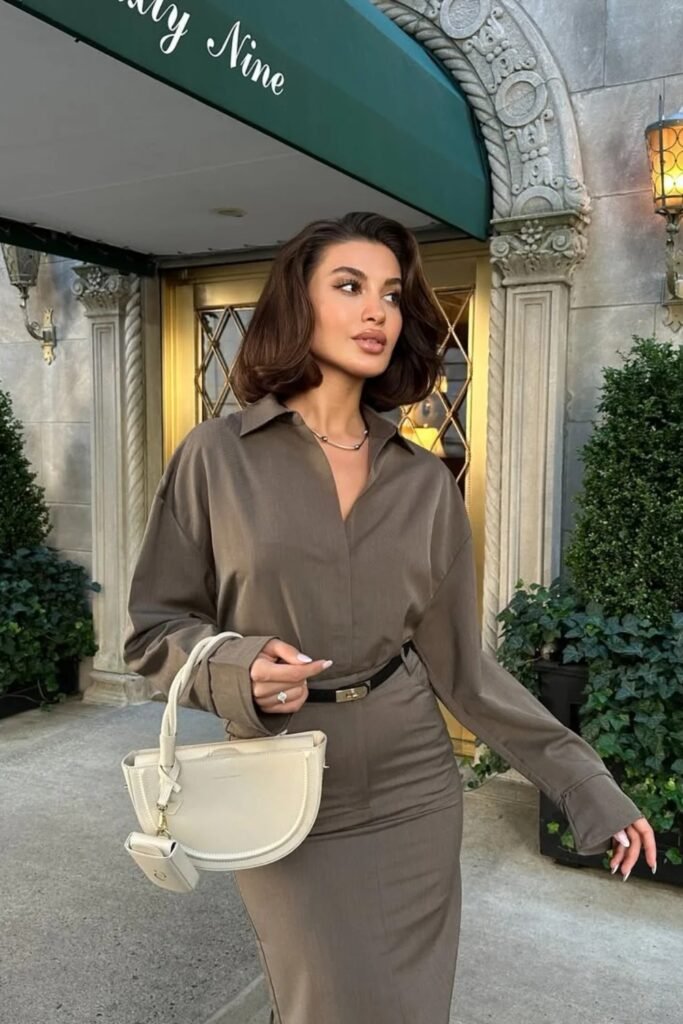 Olive Button-Down Shirt Dress + Black Belt + Cream Half-Moon Bag