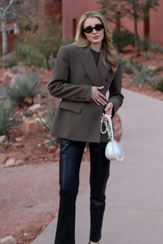 Olive Green Blazer + Black Leather Pants + Pearl Handbag