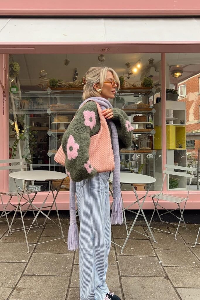Olive Green Floral Knit Cardigan + Blue Striped Pants + Pink Woven Bag + Lavender Scarf