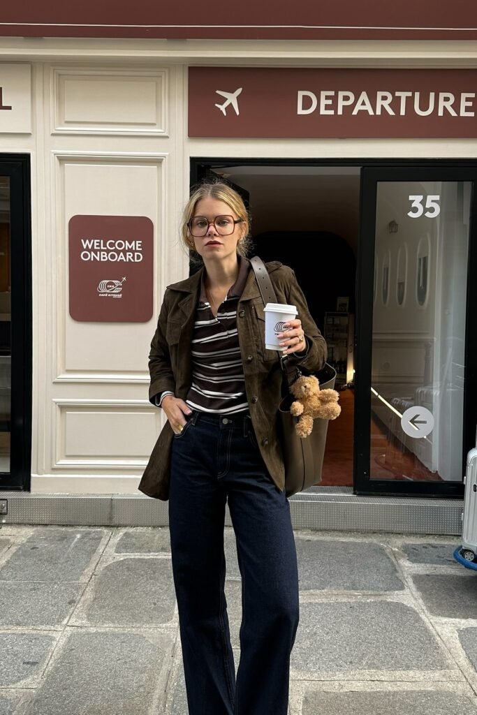 Olive Green Jacket + Striped Polo Shirt + Dark Denim Jeans + Brown Tote Bag with Teddy Keychain