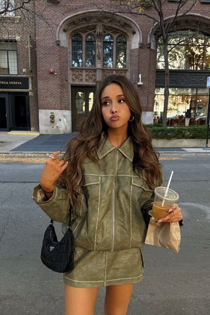 Olive Green Leather Jacket + Matching Mini Skirt + Black Shoulder Bag