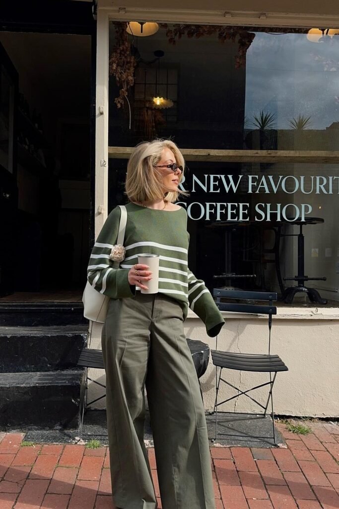 Olive Green Striped Sweater + Olive Wide-Leg Trousers + White Tote Bag