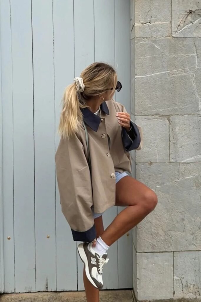 Oversized Beige Jacket + Blue Striped Shorts + White Socks + Beige Sneakers