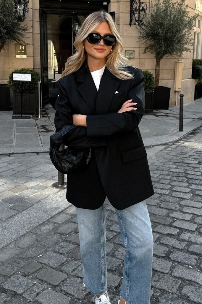 Oversized Black Blazer + White T-Shirt + Light Blue Wide-Leg Jeans + White Sneakers + Black Woven Bag
