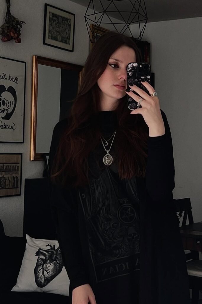 Oversized Black Graphic T-shirt Dress + Black Cardigan + Layered Silver Necklaces