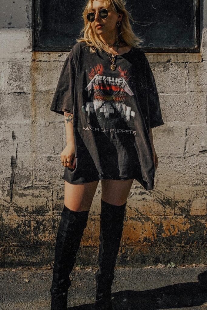 Oversized Black Metallica T-shirt Dress + Thigh-High Black Boots + Sunglasses