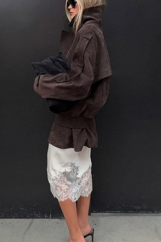 Oversized Brown Suede Jacket + White Satin Lace Slip Skirt + Black Clutch + Black Heels