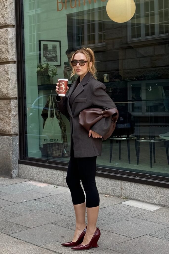 Oversized Charcoal Blazer + Black Top + Black Capri Leggings + Burgundy Pointed Heels + Burgundy Slouchy Tote Bag