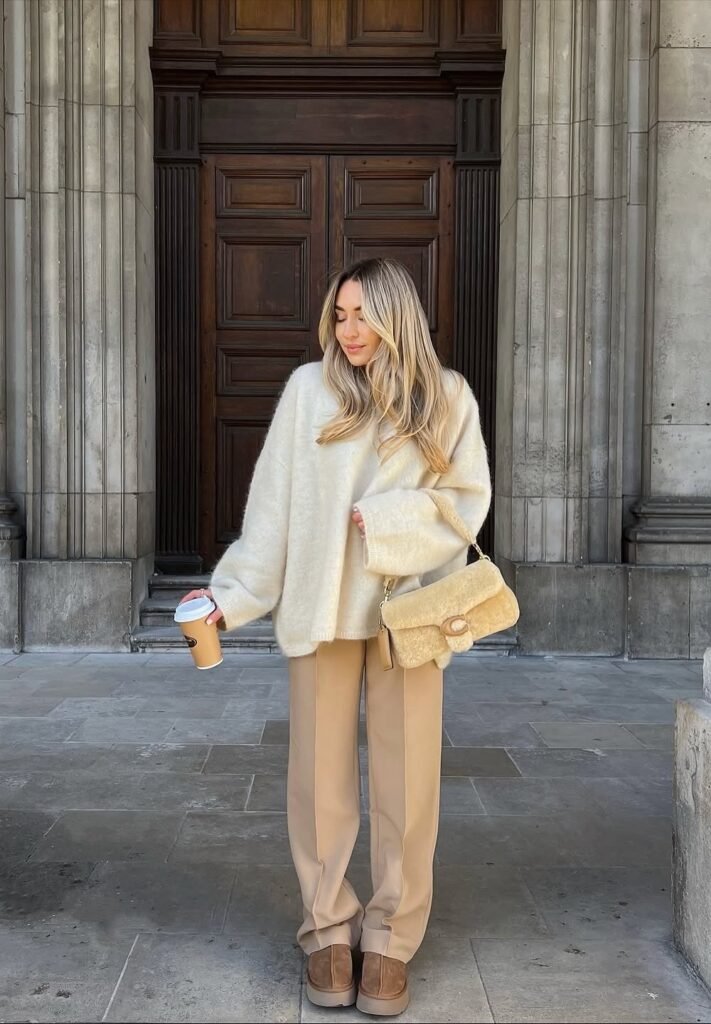 Oversized Cream Knit Sweater + Camel Straight-Leg Pants + Camel Shearling Shoulder Bag + Camel Slippers + Coffee Cup