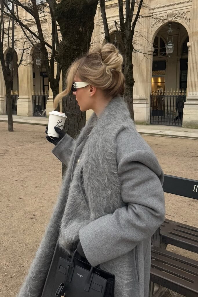 Oversized Grey Wool Coat + Textured Grey Scarf Detail + Black Balenciaga Tote + White Chanel Sunglasses