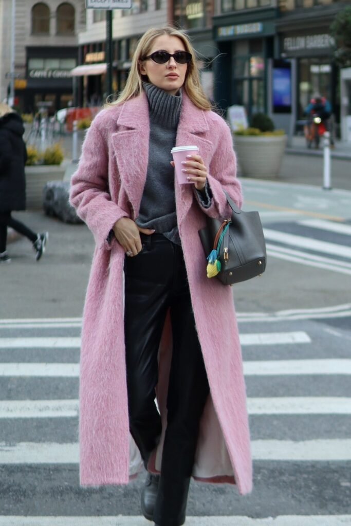 Pink Coat + Grey Turtleneck + Black Leather Pants