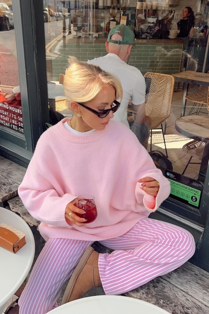 Pink Oversized Sweater + Pink & White Striped Pants + Tan Slippers